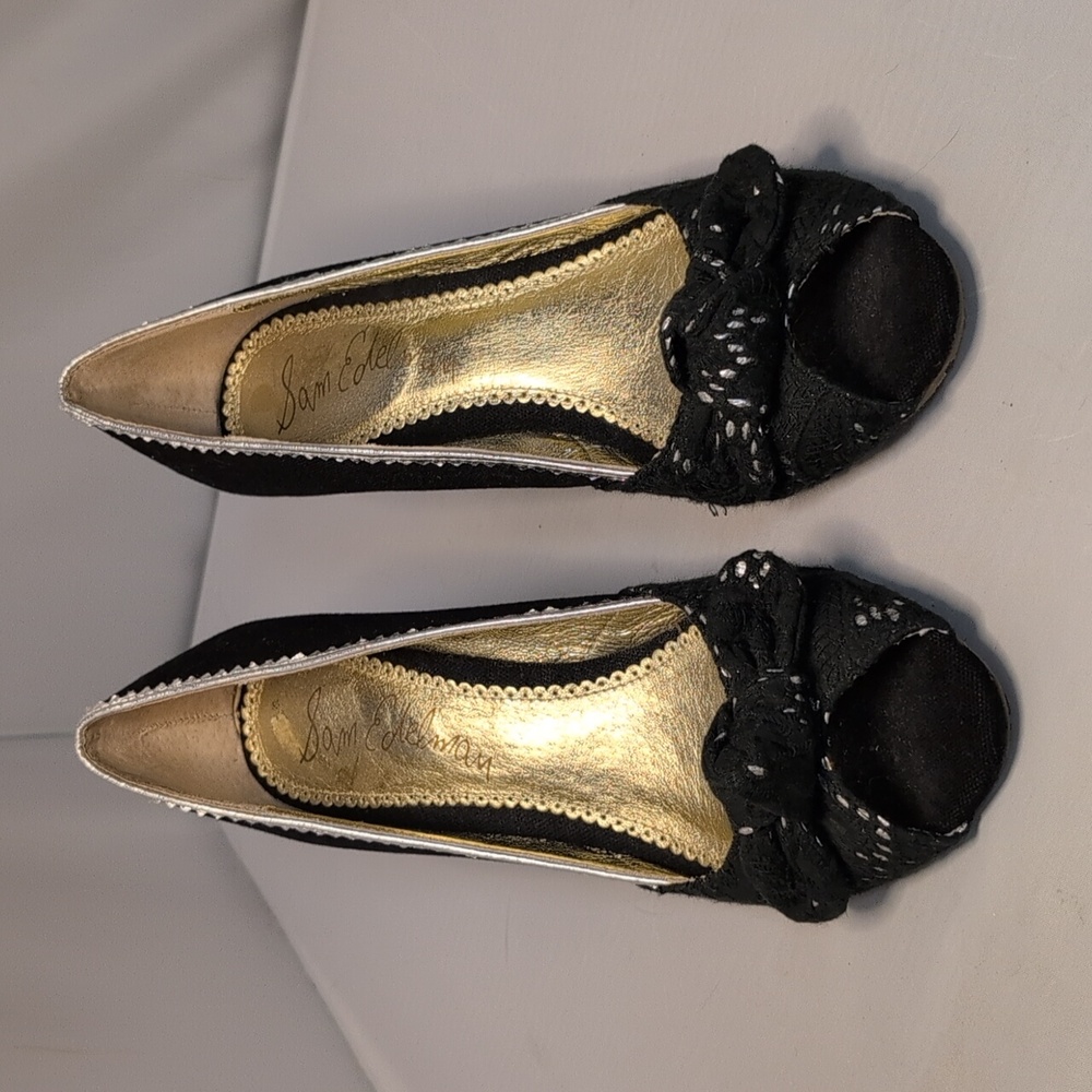 Sam Edelman Black & Silver Canvas Peep Toe Wedge Heels - Picture 3 of 16
